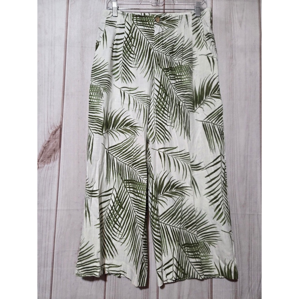 Haver + Blair London Tropical Palm Print Wide Leg Linen Blend Pants Green M